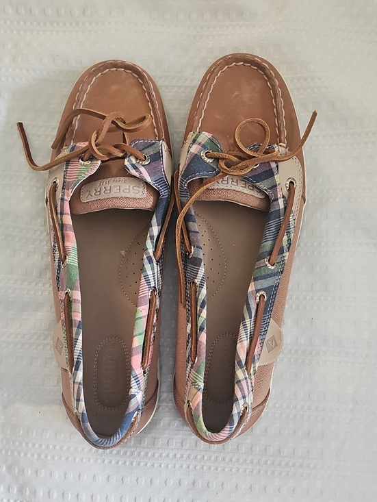 Sperry Shoes - Sperry Women’s Tan Leather Boat Shoes with Pink & Multicolor Plaid Trim